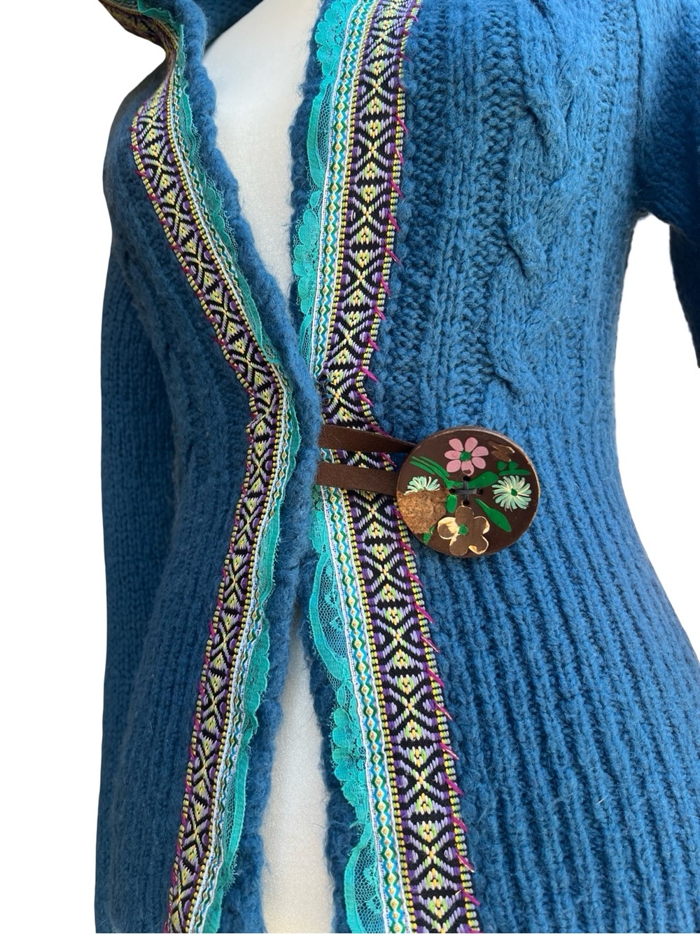 FREE PEOPLE Blue Klara Button Hooded Boho Cardigan Sz M Cozy Artisan Lace Trim - Picture 4 of 13